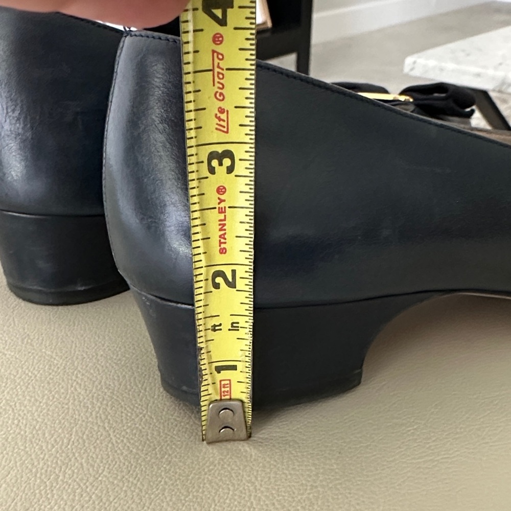 Salvatore Ferragamo Navy Leather Low Heel Pumps with Gold Bow Plaque - Picture 7 of 8